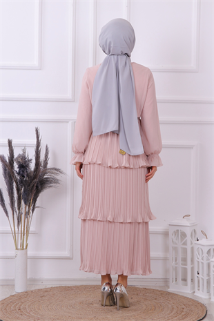 Kat Kat Pliseli Elbise Pudra