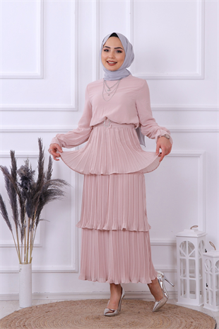 Kat Kat Pliseli Elbise Pudra