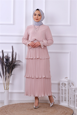 Kat Kat Pliseli Elbise Pudra