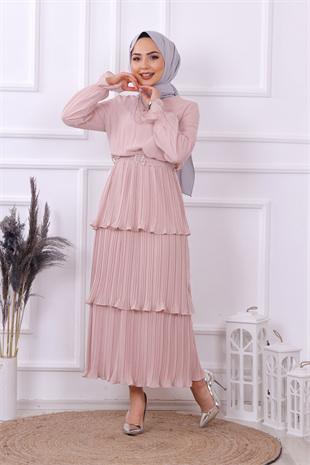 Kat Kat Pliseli Elbise Pudra