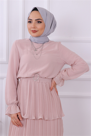 Kat Kat Pliseli Elbise Pudra