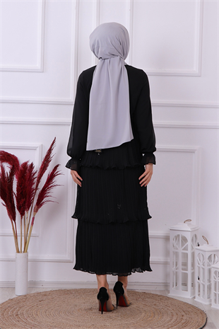 Kat Kat Pliseli Elbise Siyah