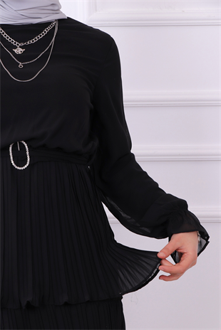 Kat Kat Pliseli Elbise Siyah
