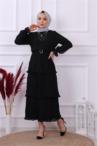 Kat Kat Pliseli Elbise Siyah