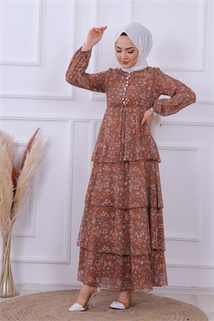 Kat Kat Pliseli Şifon Elbise Hardal