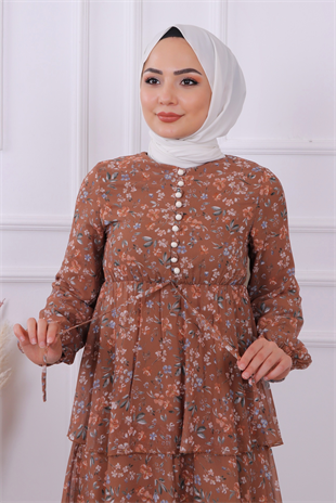 Kat Kat Pliseli Şifon Elbise Hardal