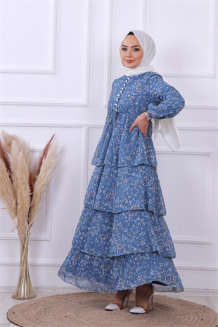 Kat Kat Pliseli Şifon Elbise İndigo 