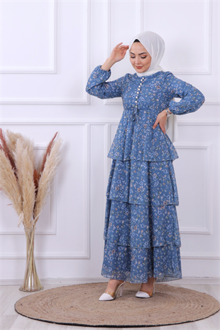 Kat Kat Pliseli Şifon Elbise İndigo 