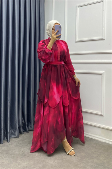 Kat Kat Şifon Elbise Fuşya