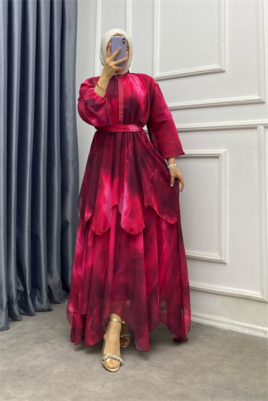 Kat Kat Şifon Elbise Fuşya