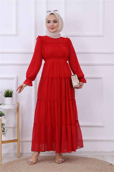Kat Kat Şifon Elbise Kırmızı