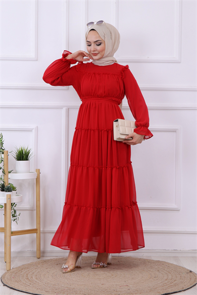 Kat Kat Şifon Elbise Kırmızı