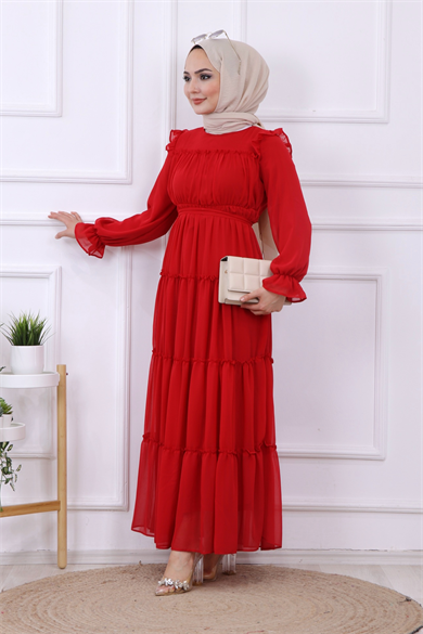 Kat Kat Şifon Elbise Kırmızı
