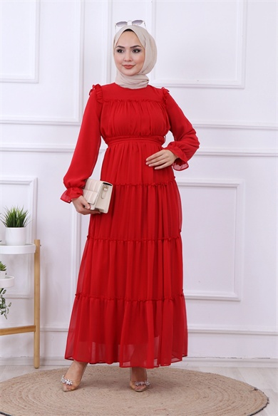 Kat Kat Şifon Elbise Kırmızı