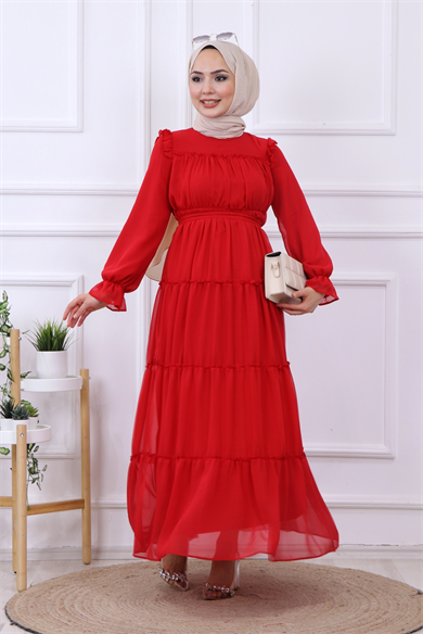 Kat Kat Şifon Elbise Kırmızı