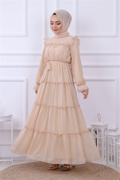 Kat Kat Şifon Elbise Krem