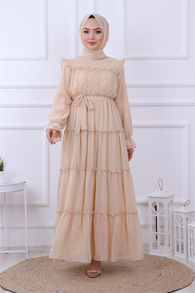 Kat Kat Şifon Elbise Krem