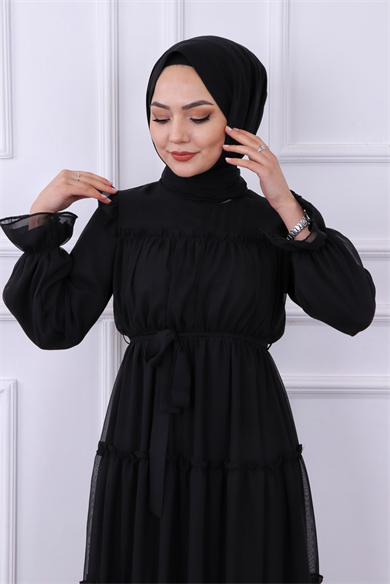 Kat Kat Şifon Elbise Siyah