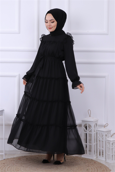 Kat Kat Şifon Elbise Siyah