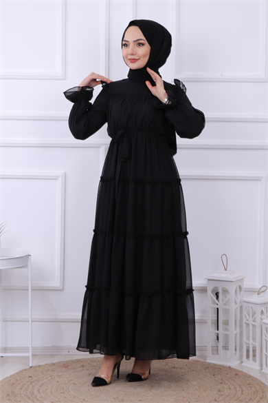 Kat Kat Şifon Elbise Siyah