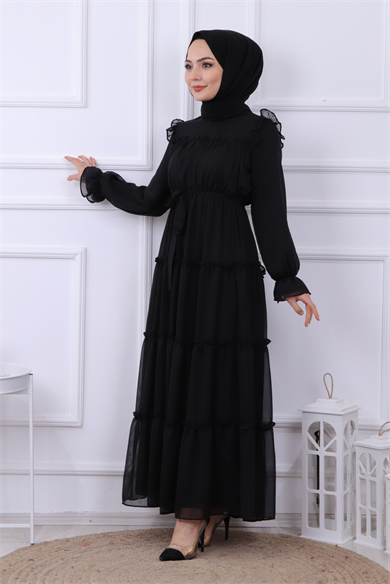 Kat Kat Şifon Elbise Siyah