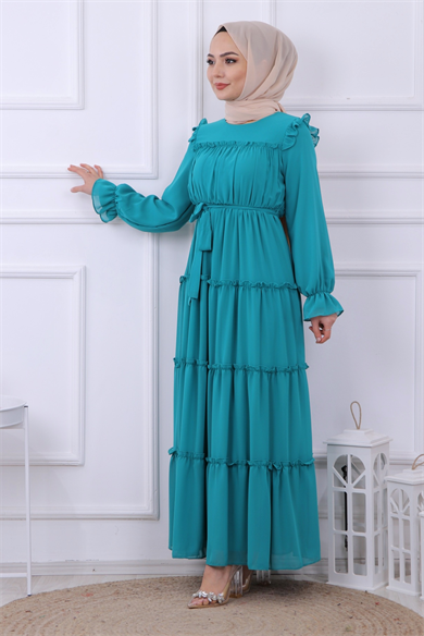 Kat Kat Şifon Elbise Yeşil