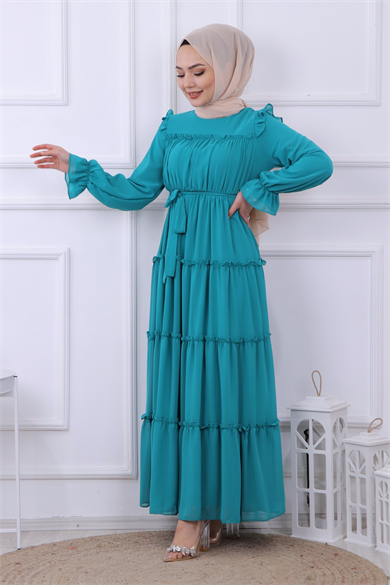 Kat Kat Şifon Elbise Yeşil