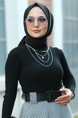 Kaz Ayağı Desen Kemerli Etek-