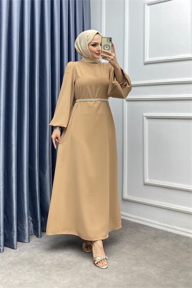 Kemeri İnci Detaylı Balon Kol Elbise Camel