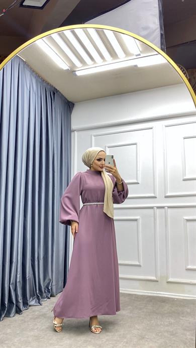 Kemeri İnci Detaylı Balon Kol Elbise Gül Kurusu