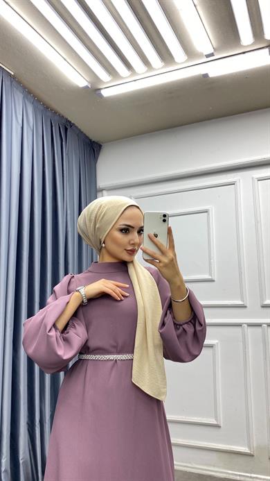 Kemeri İnci Detaylı Balon Kol Elbise Gül Kurusu