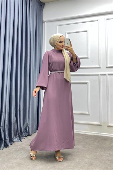 Kemeri İnci Detaylı Balon Kol Elbise Gül Kurusu