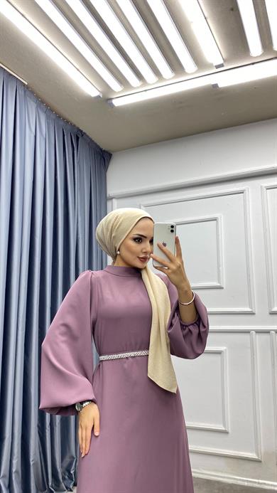 Kemeri İnci Detaylı Balon Kol Elbise Gül Kurusu