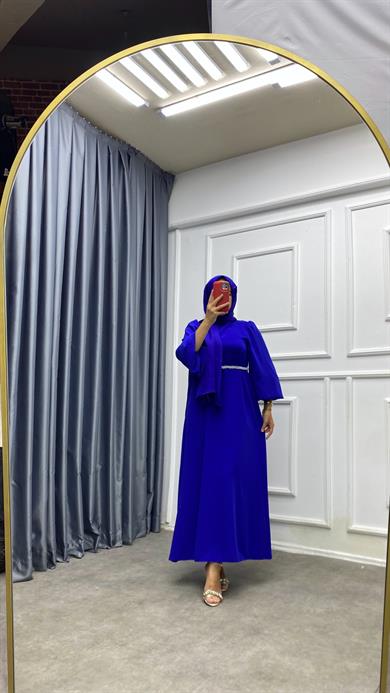Kemeri İnci Detaylı Balon Kol Elbise Saks Mavisi