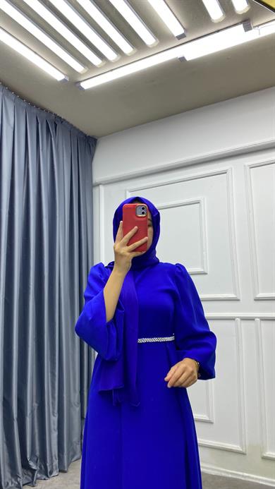 Kemeri İnci Detaylı Balon Kol Elbise Saks Mavisi