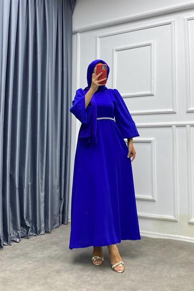 Kemeri İnci Detaylı Balon Kol Elbise Saks Mavisi