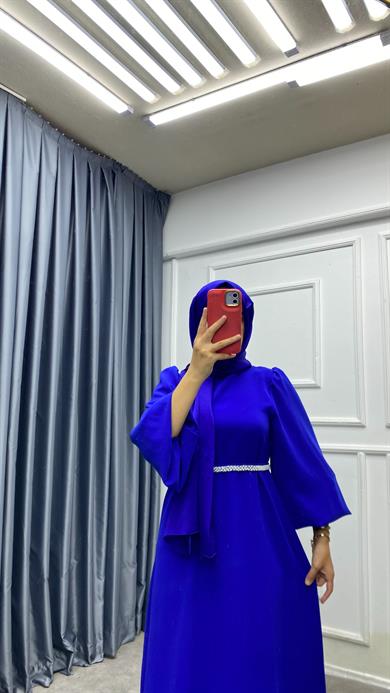 Kemeri İnci Detaylı Balon Kol Elbise Saks Mavisi