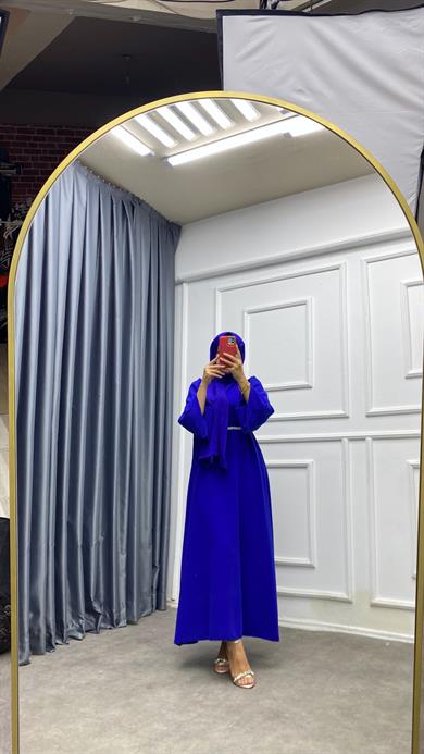 Kemeri İnci Detaylı Balon Kol Elbise Saks Mavisi