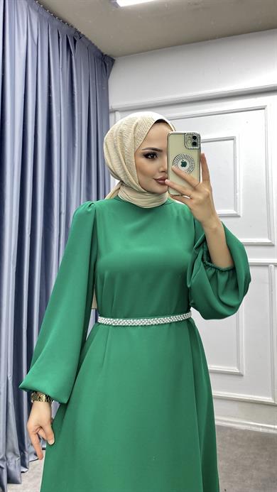 Kemeri İnci Detaylı Balon Kol Elbise Yeşil