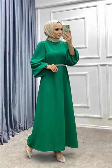 Kemeri İnci Detaylı Balon Kol Elbise Yeşil