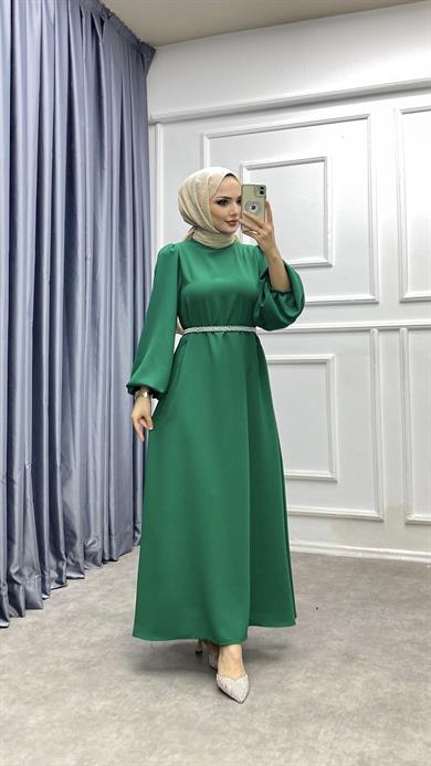 Kemeri İnci Detaylı Balon Kol Elbise Yeşil