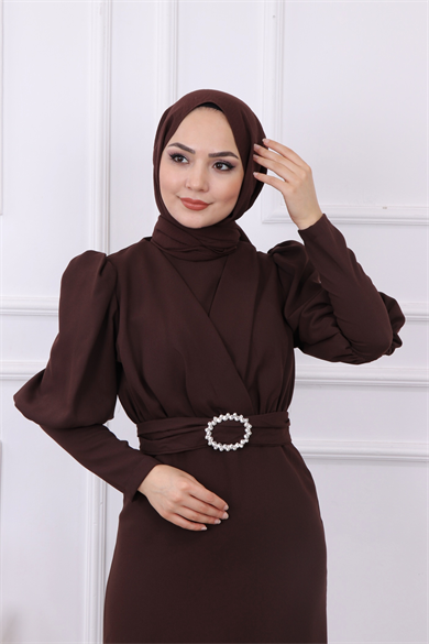 Kemeri Toka Detaylı Elbise Kahve