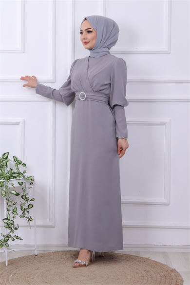 Kemeri Tokalı Elbise Gri