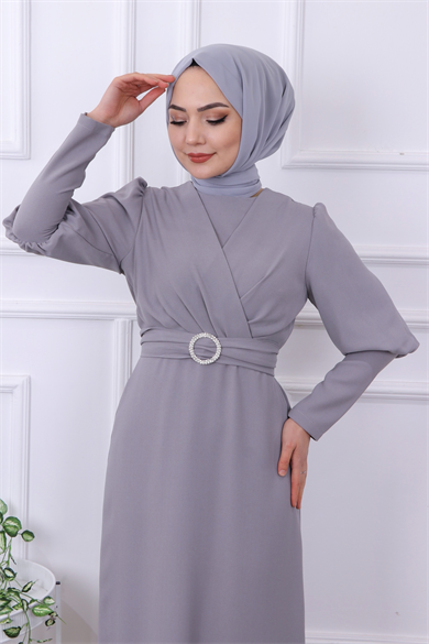 Kemeri Tokalı Elbise Gri