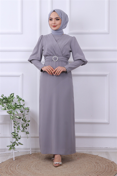 Kemeri Tokalı Elbise Gri