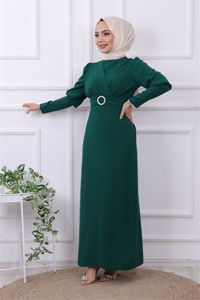 Kemeri Tokalı Elbise Yeşil