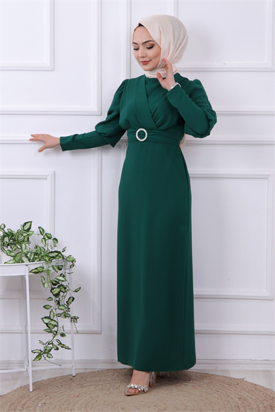 Kemeri Tokalı Elbise Yeşil