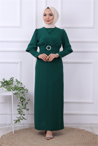 Kemeri Tokalı Elbise Yeşil