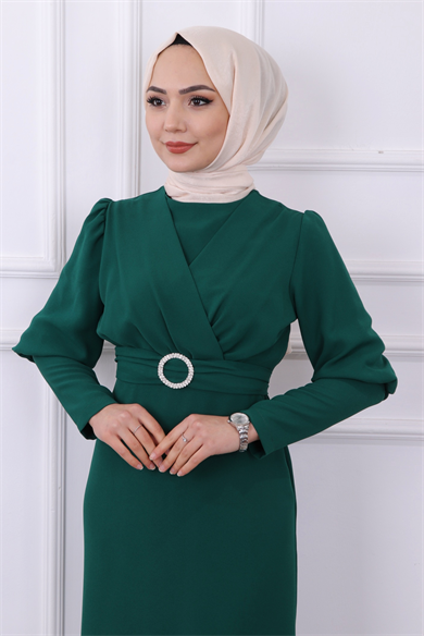 Kemeri Tokalı Elbise Yeşil
