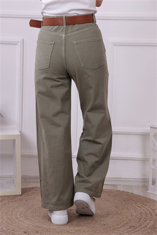 Kemerli Bol Paça Kot Pantolon Yeşil